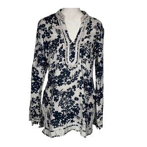 MALVIN Germany Women I Love Linen Blouse Long Sleeve Tunic Sz M Black White hb-9